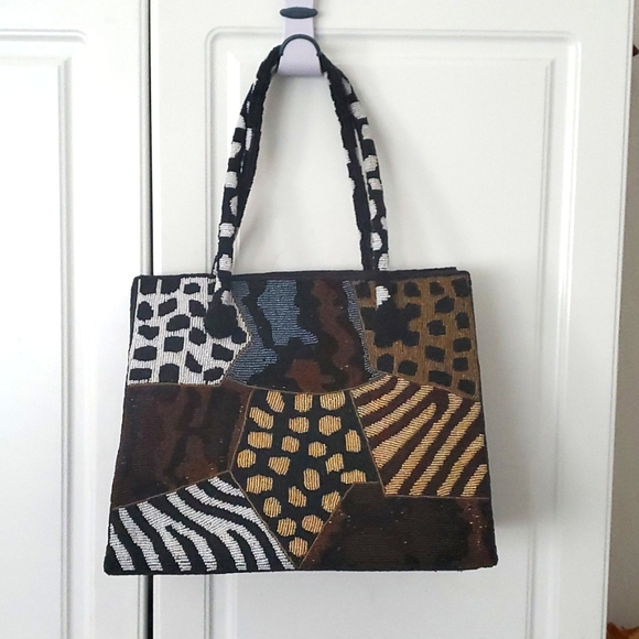 Large Black Beaded Animal Print handbag Tote satchel Ross Simons NEW Seed ANIMAL - Picture 2 of 8